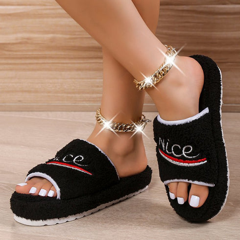 Peep Toe House Slippers For Women Winter Furry Shoes - ROUTINE FASHION
